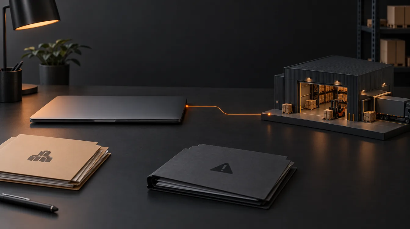 Een gesloten laptop en documenten naast een verlicht magazijnmodel, verbonden door een oranje lijn.