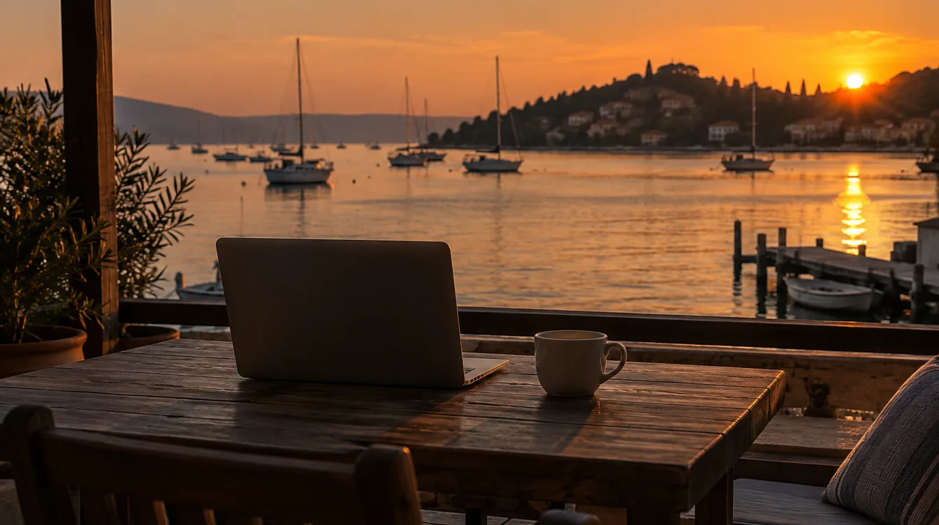 Een laptop en een kop koffie op een terrastafel met uitzicht op een rustige haven.