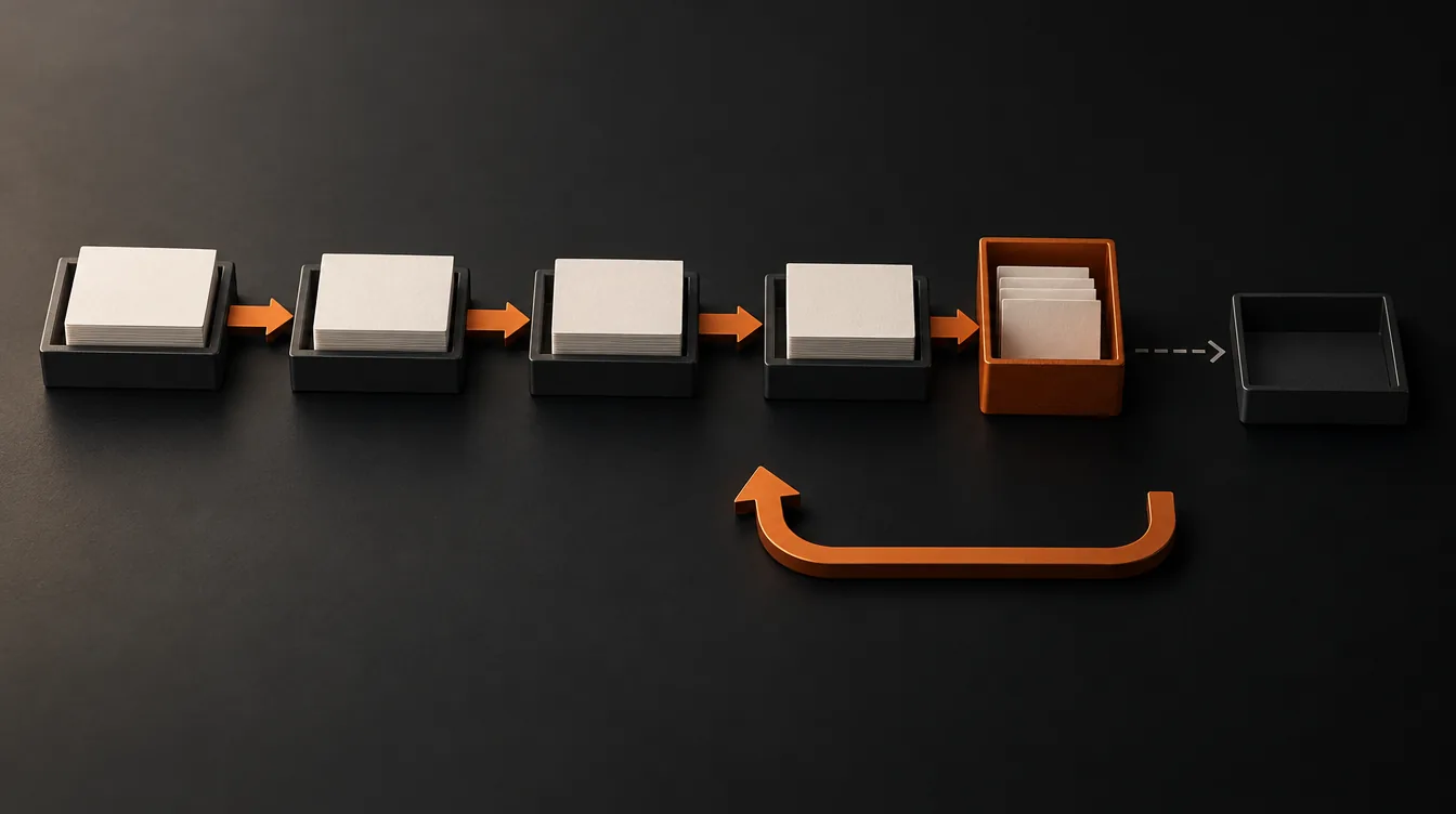 Documentenbakken langs een onderbroken procesroute, met een afzonderlijke oranje teruglooppijl.