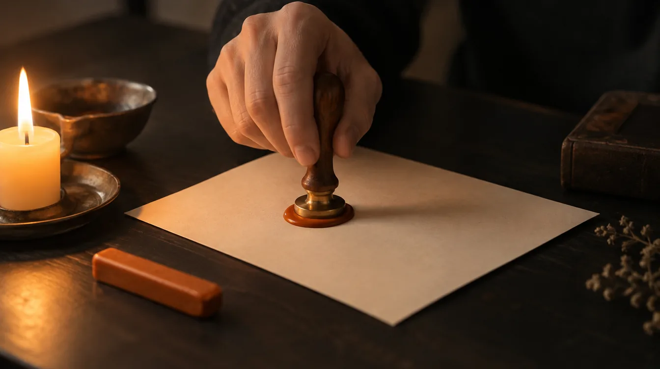 Een hand drukt een effen zegel op een leeg crememkleurig vel papier onder een warme lamp.