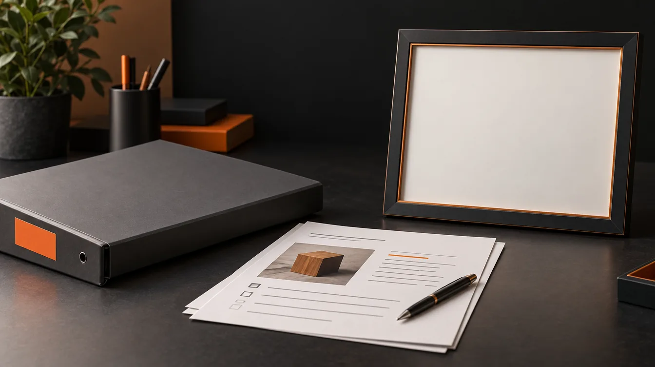 Een grijze ordner met een oranje etiket, twee werkbladen met een foto van een houten blokje, lege invulvakjes en een pen, en rechts een lege fotolijst op een donker bureau.