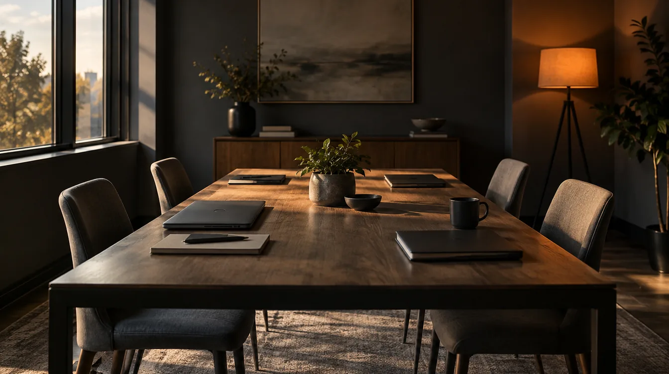 Een lichte kleine trainingsruimte met een lange tafel, laptops en notitieboeken, zonder mensen.