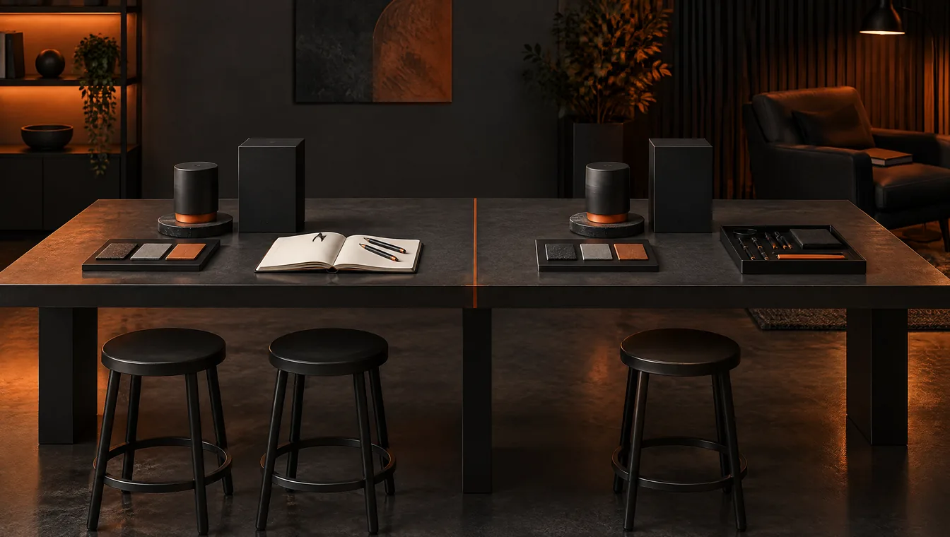 Een werktafel met oranje middenlijn, op beide helften dezelfde zwarte cilinder, doos en materiaalstalen. Links twee krukken en een notitieboek; rechts één kruk, een gereedschapsbak en verderop een fauteuil met een map.