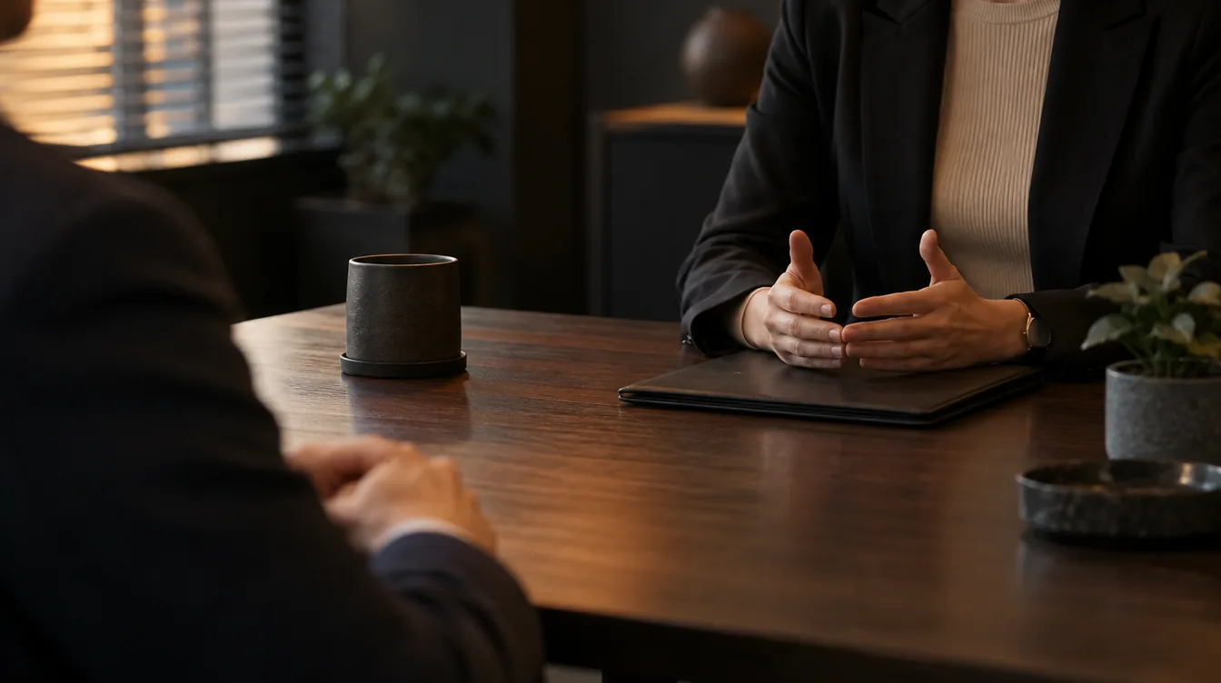 Twee mensen in gesprek aan een donkere vergadertafel; handen rusten op een gesloten map onder een oranje lamp.