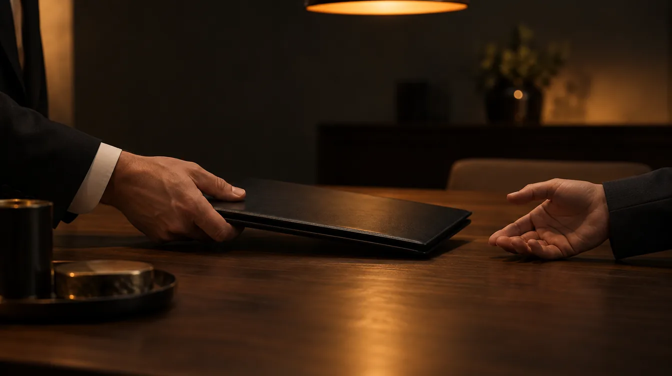 Een hand schuift een gesloten donkere map over een houten bureau naar een andere hand.