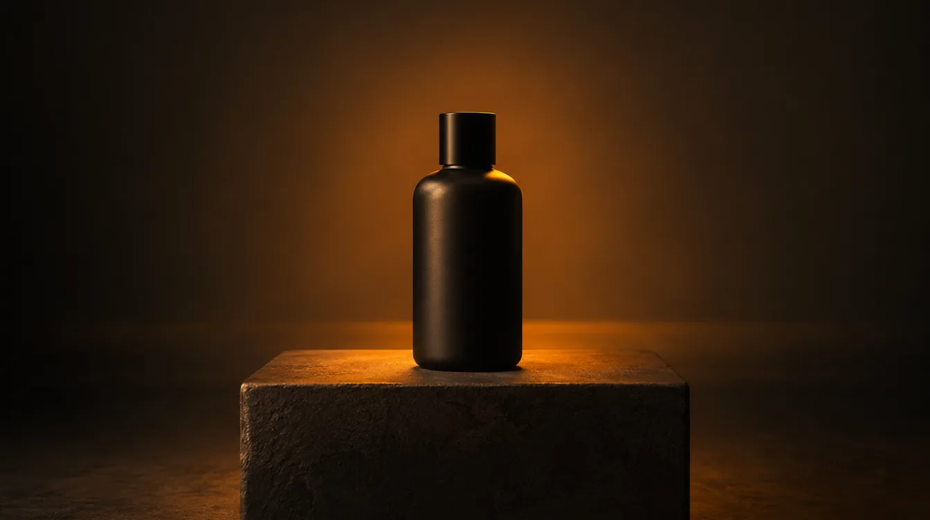 Een matzwarte fles op een sokkel in een kring van oranje licht in een donkere studio.