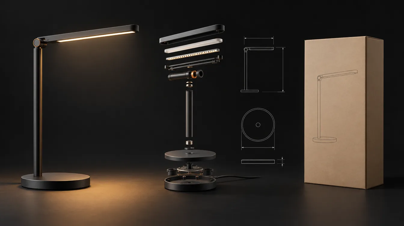 Een bureaulamp, losse onderdelen en een doos met een eenvoudige producttekening.