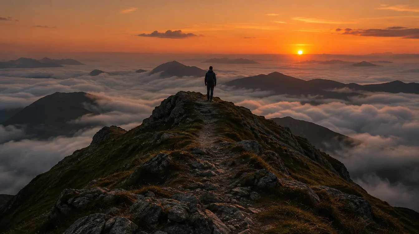 Een kleine wandelaar op een bergkam boven de wolken bij zonsondergang.