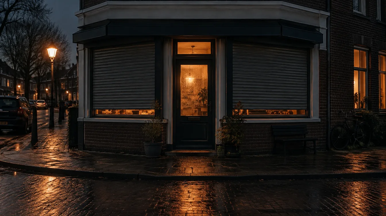 Een kleine winkel op een hoek in de avond met warm licht achter het glas van de deur.