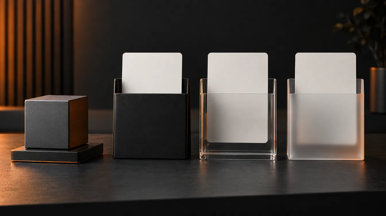 Drie documentvakken van donker, transparant en mat materiaal met blanco kaarten.
