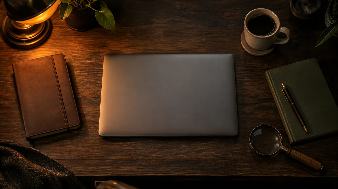 Een bovenaanzicht van een bureau met een gesloten laptop, twee notitieboeken, een vergrootglas en koffie.