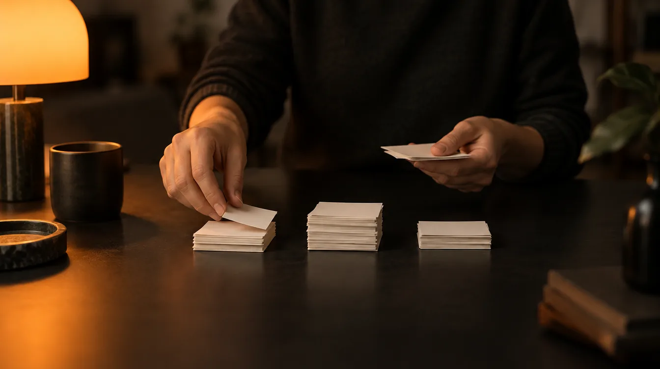 Handen sorteren lege papiertjes in drie stapels op een donkere tafel.