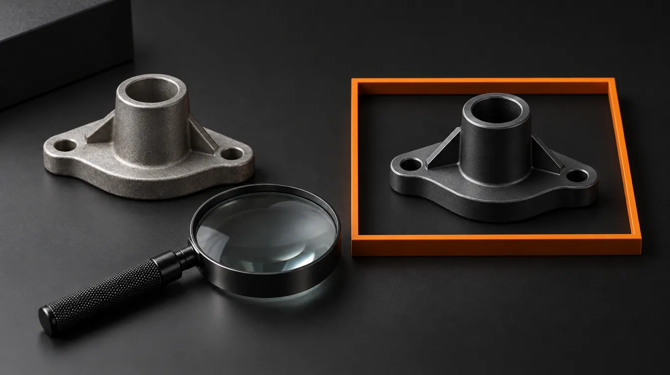 Een metalen onderdeel bij een vergrootglas naast een tweede uitvoering in een oranje kader.