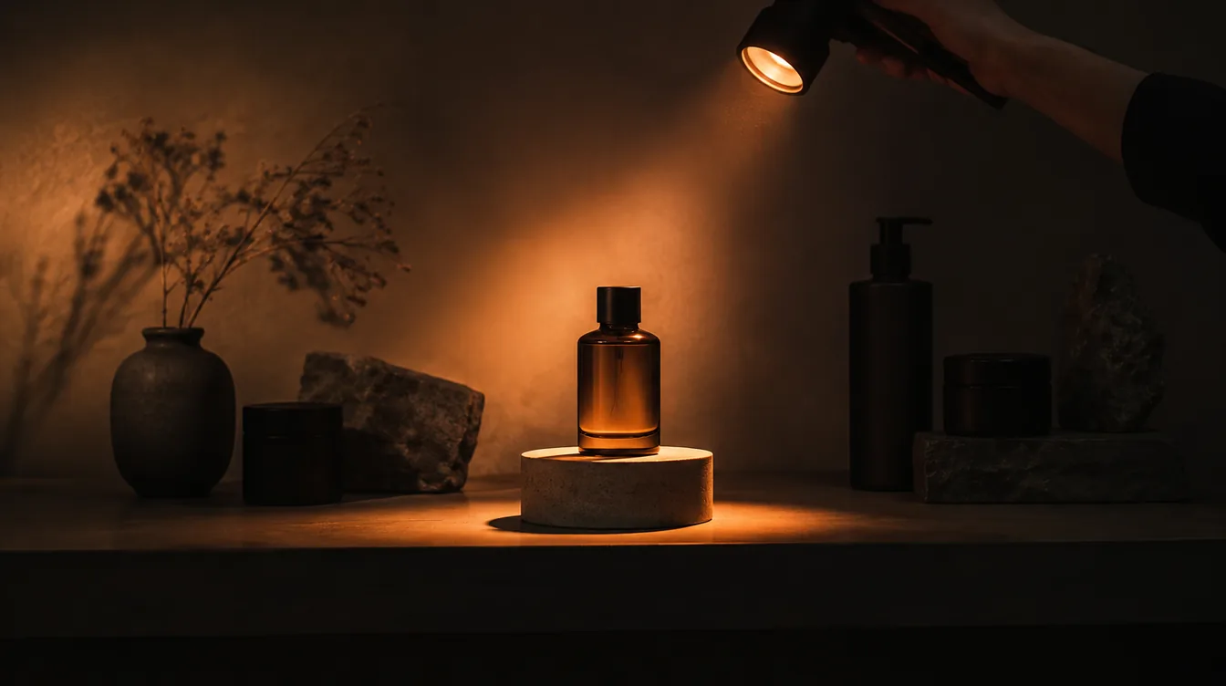 Een hand richt een spot op een product op een sokkel terwijl de andere in de schaduw staan.