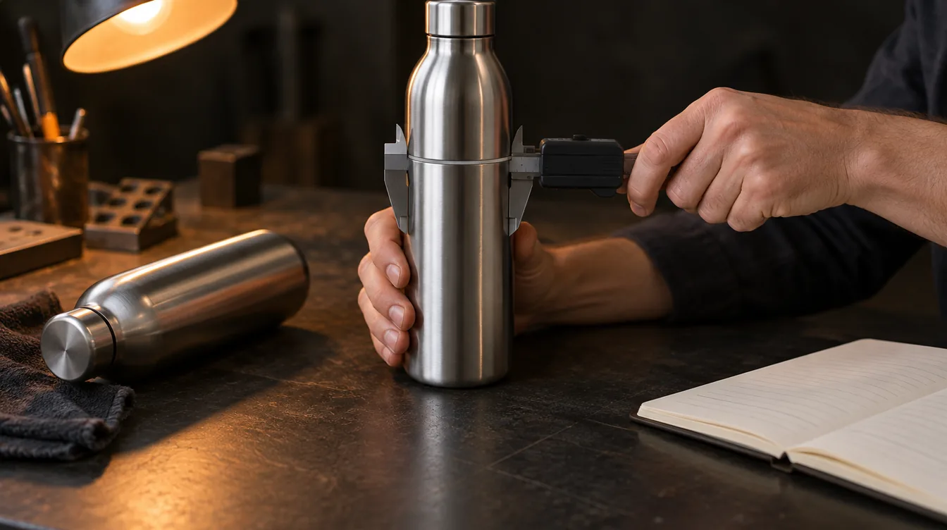 Handen meten een ongemerkte stalen drinkfles op met een schuifmaat op een donkere werkbank.