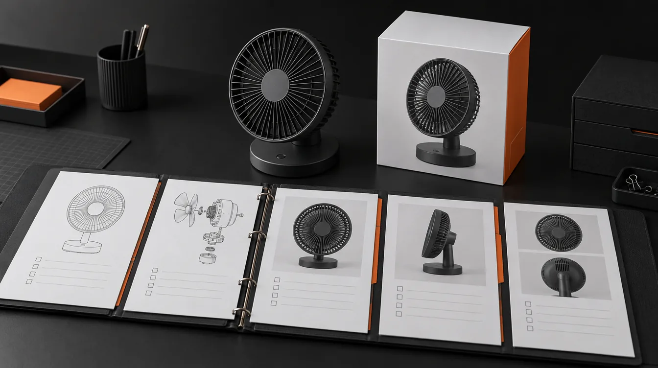 Een ventilator en verpakking naast een productdossier met tekeningen en foto's.