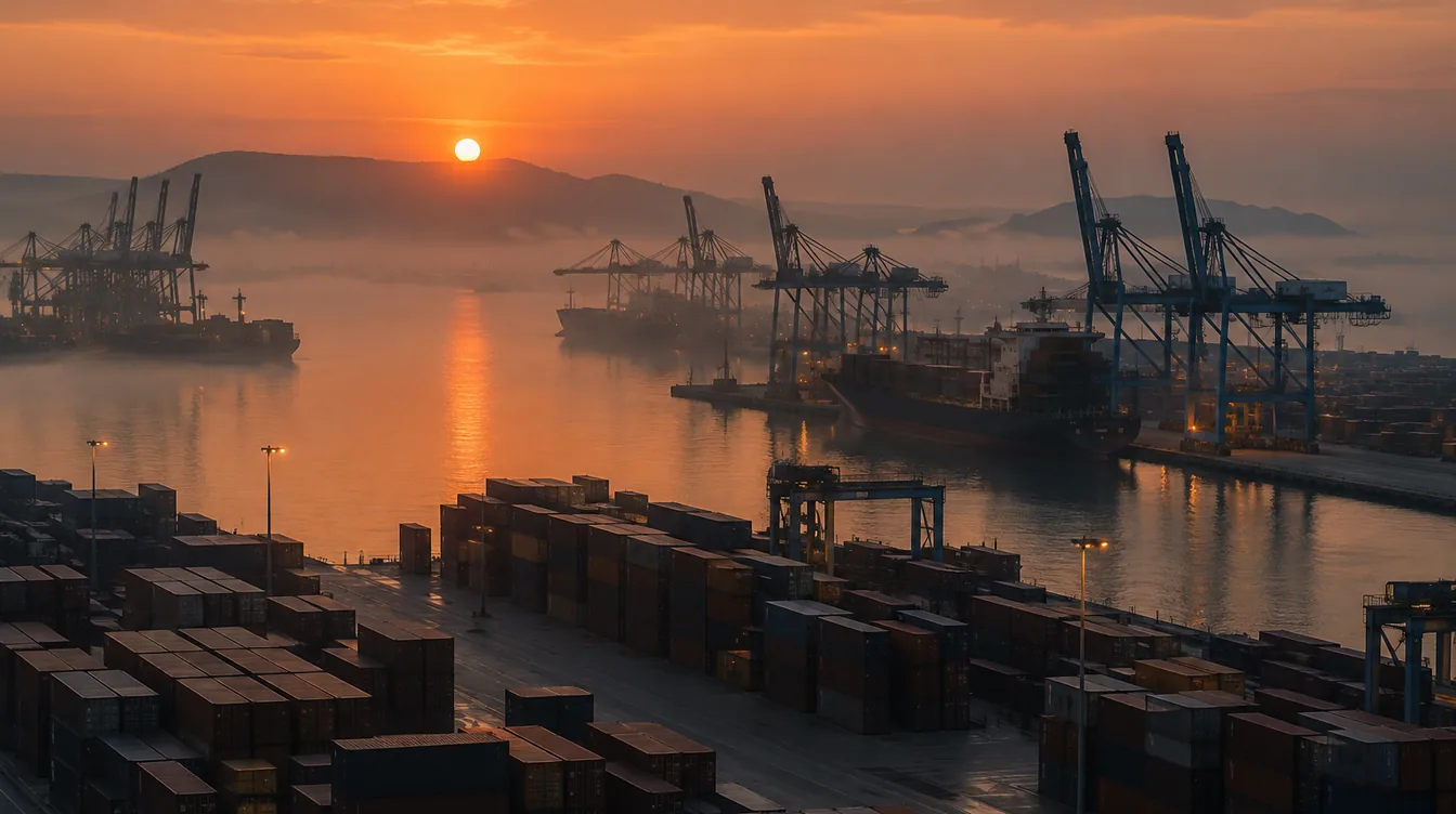 Havenkranen en containers bij zonsopgang, gezien vanaf een hoog punt.