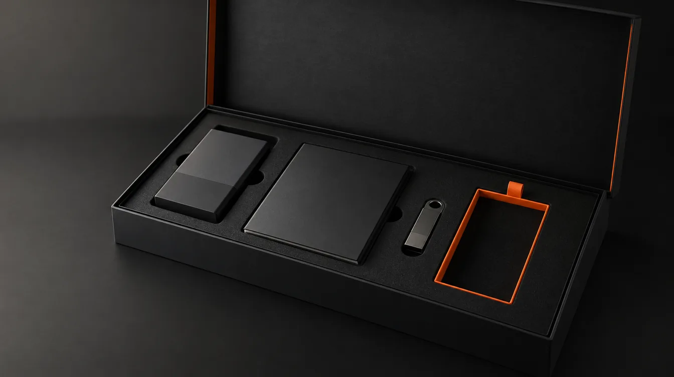 Een koffer met een tablet, een map en een opvallend leeg oranje vak.