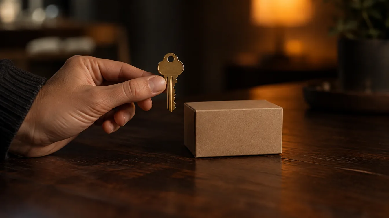 Een hand houdt een kleine messing huissleutel naast een ongemerkt doosje.