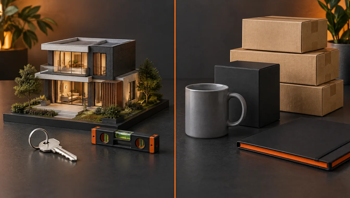 Een tafel met een oranje scheidslijn. Links een verlichte maquette van een modern huis, een sleutel en een waterpas; rechts een grijze mok naast een zwarte doos, drie gestapelde kartonnen dozen en een gesloten map.