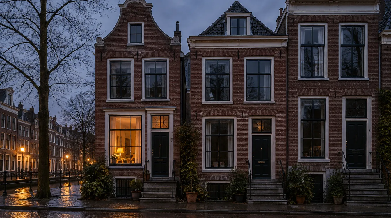 Drie bakstenen rijtjeshuizen in de schemering; achter één raam brandt warm oranje licht.