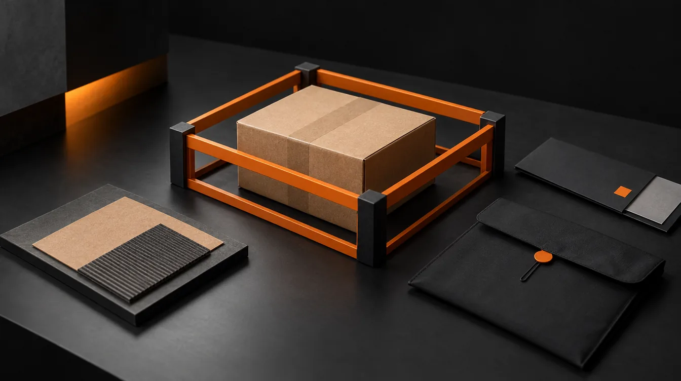 Een pakket in een begrensd oranje raamwerk naast materiaalvoorbeelden en gesloten documentmappen.