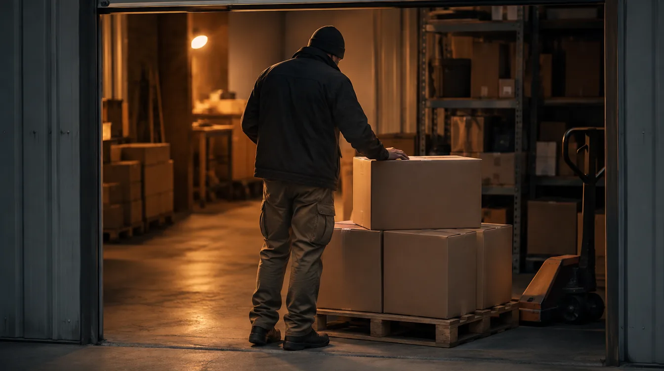 Iemand van achteren controleert een kleine pallet met een eerste bestelling in een opslagruimte.