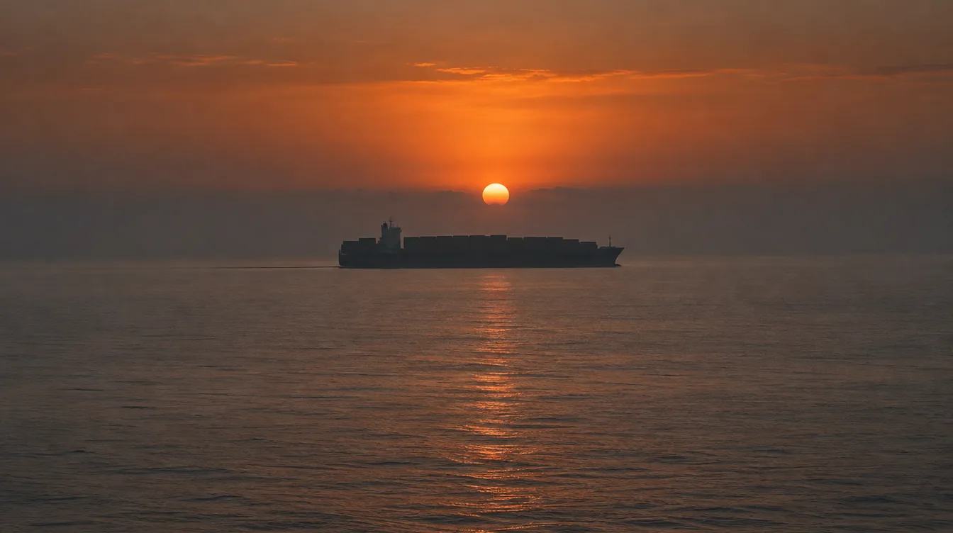Een containerschip op open zee bij zonsopgang.