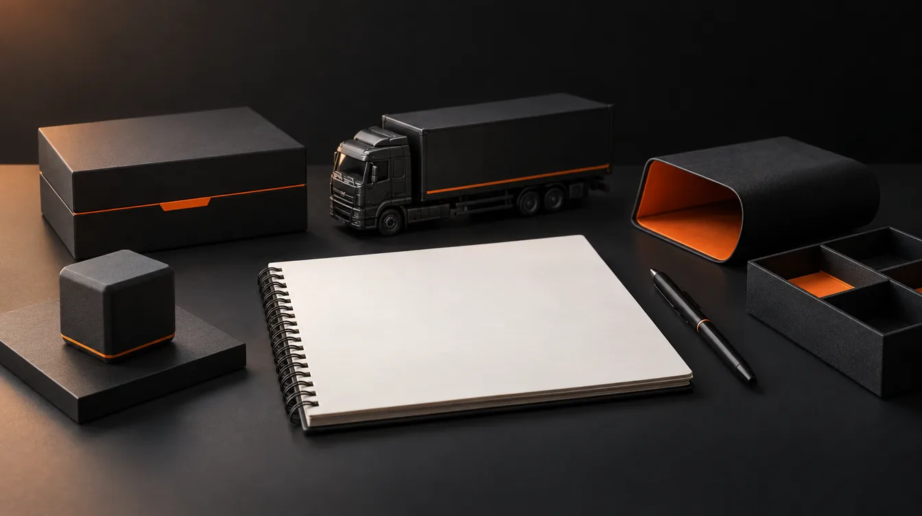 Product- en verzendmodellen naast een transportwagen en een blanco begrotingsnotitieboek.