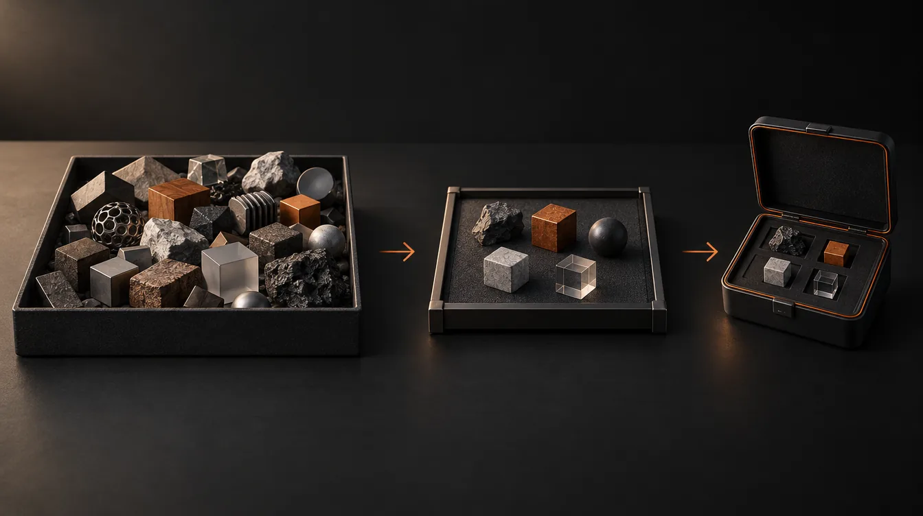 Drie stappen van links naar rechts, verbonden door oranje pijlen: een brede bak vol gemengde stenen, blokjes en bollen, een kleiner blad met vijf stukken en een geopende zwarte koffer met vier stukken in uitsparingen.