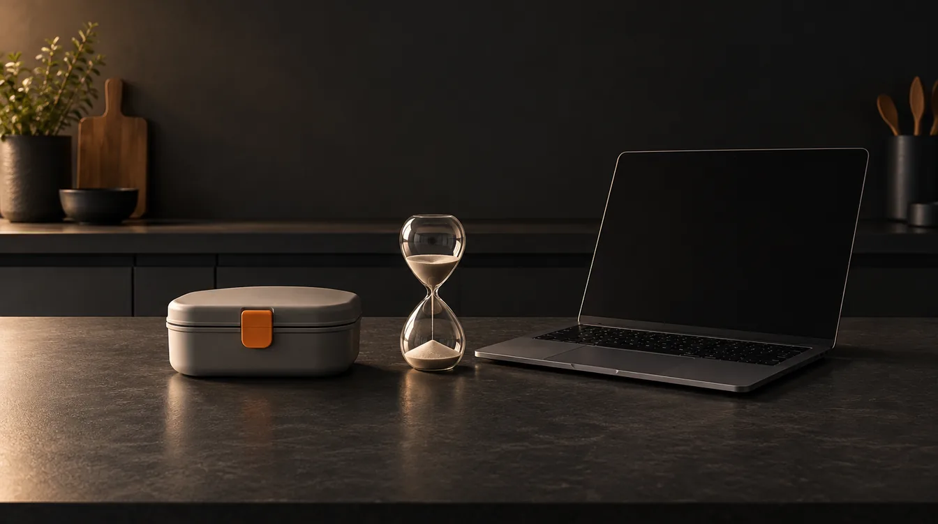 Een zandloper naast een kinderbroodtrommel en een opengeklapte laptop op een keukentafel, met een oranje accent.