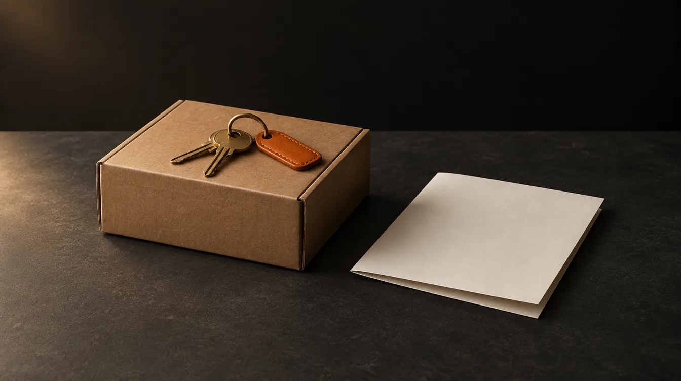 Een sleutelbos op een gesloten verzenddoos naast een opgevouwen blanco vel papier, met een oranje accent.