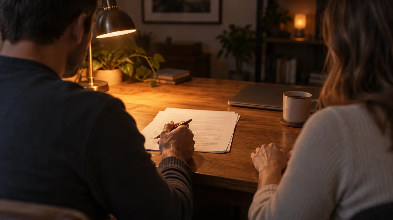 Twee mensen aan een houten tafel met papieren en een pen, van achteren gezien, verlicht door een warme bureaulamp.