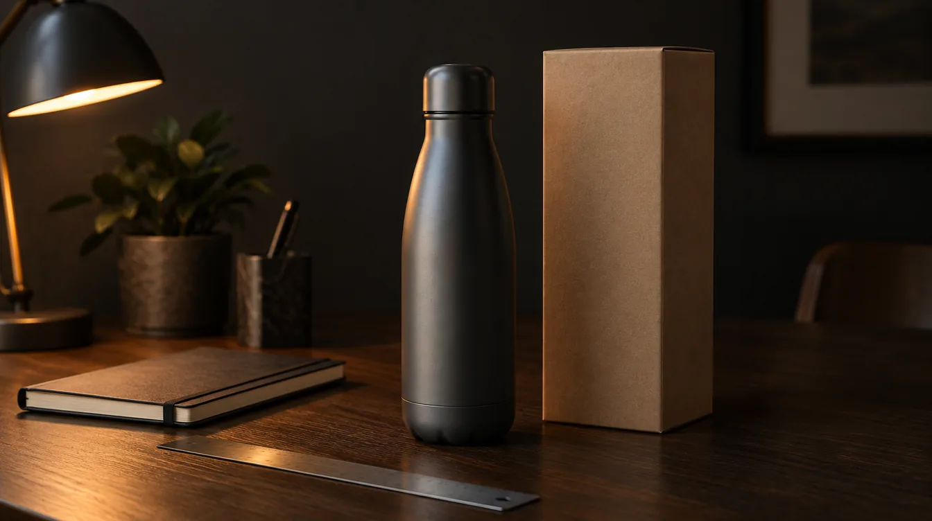Een donkere drinkfles zonder merk naast een ongeprinte kartonnen doos op een houten tafel, verlicht door een warme oranje lamp