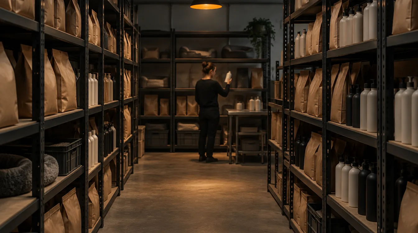 Rustig magazijnpad met schappen vol blanco zakken diervoer en flessen, aan het eind een persoon onder een warme lamp