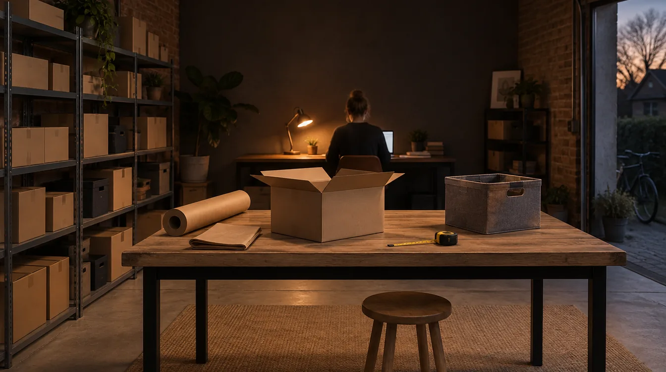 Rustige werkruimte in een garage met schappen vol blanco dozen, een paktafel met een opbergbak en meetlint, en iemand achter een laptop bij een oranje lamp