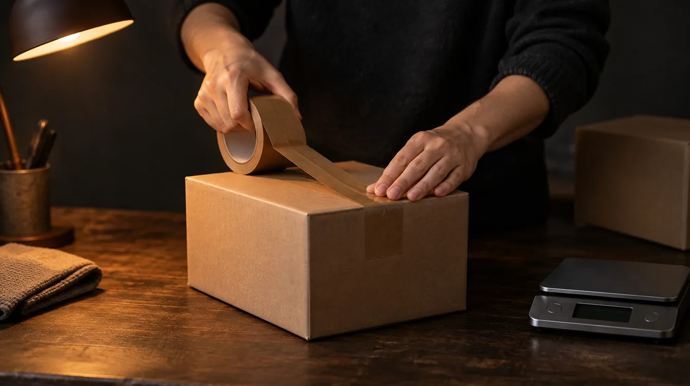 Handen sluiten een kartonnen pakket af met tape onder een warme bureaulamp, naast een kleine weegschaal op een donkere tafel.