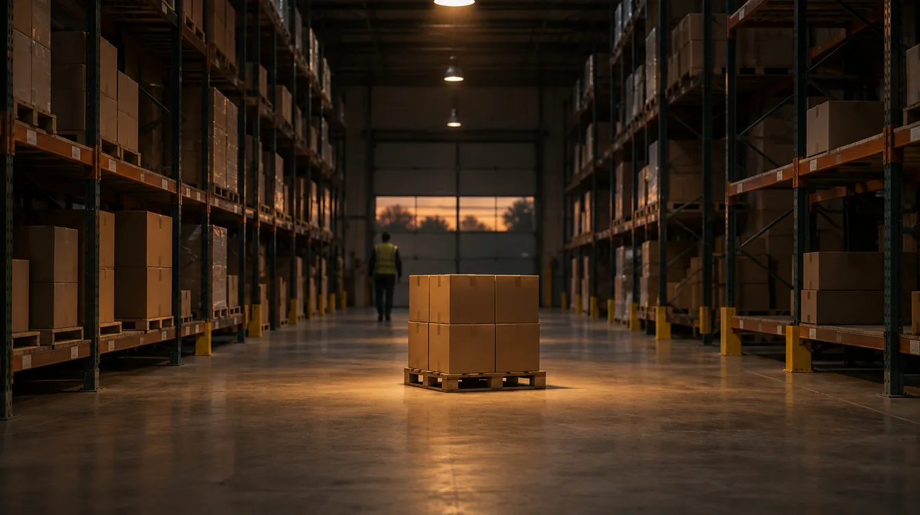 Rustig magazijnpad met hoge stellingen en kale dozen, in het midden een losse pallet onder een warme lamp en ver weg een medewerker van achteren.