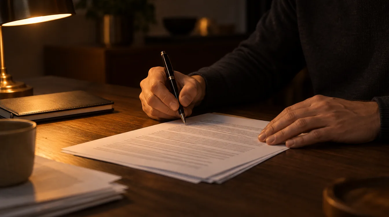 Handen met een pen boven een geprint contract op een donkere keukentafel, verlicht door een warme oranje lamp