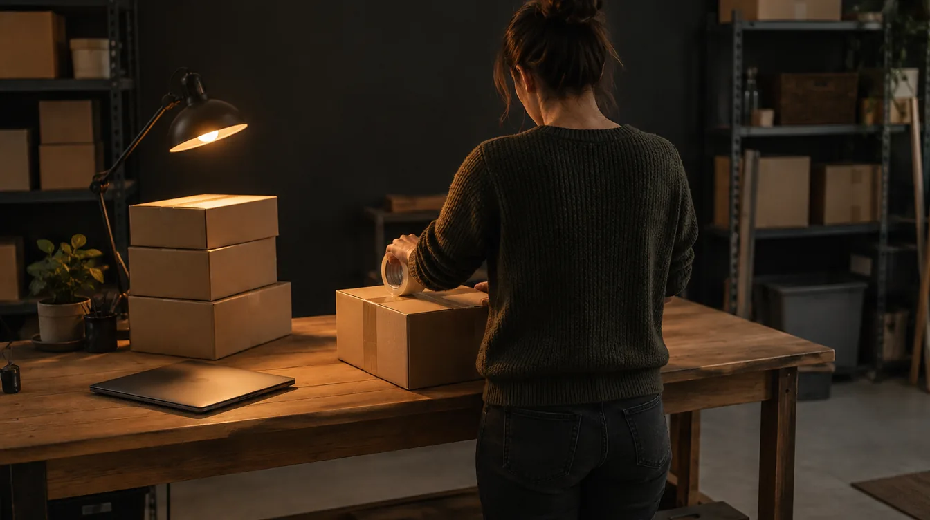 Ondernemer van achteren gezien plakt een blanco pakket dicht aan een werkbank in een kleine opslagruimte, verlicht door een warme lamp