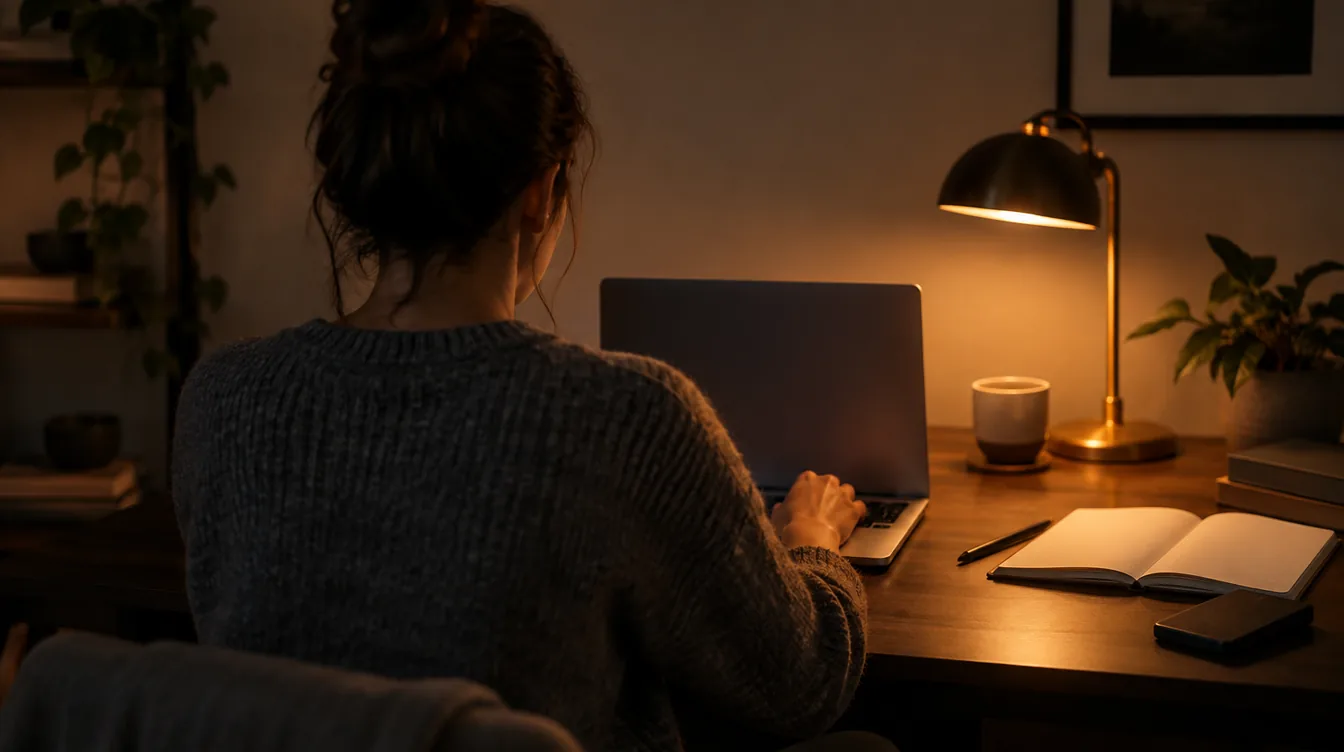 Ondernemer van achteren gezien aan een bureau met laptop, notitieboek en potlood, verlicht door een warme oranje bureaulamp in de avond