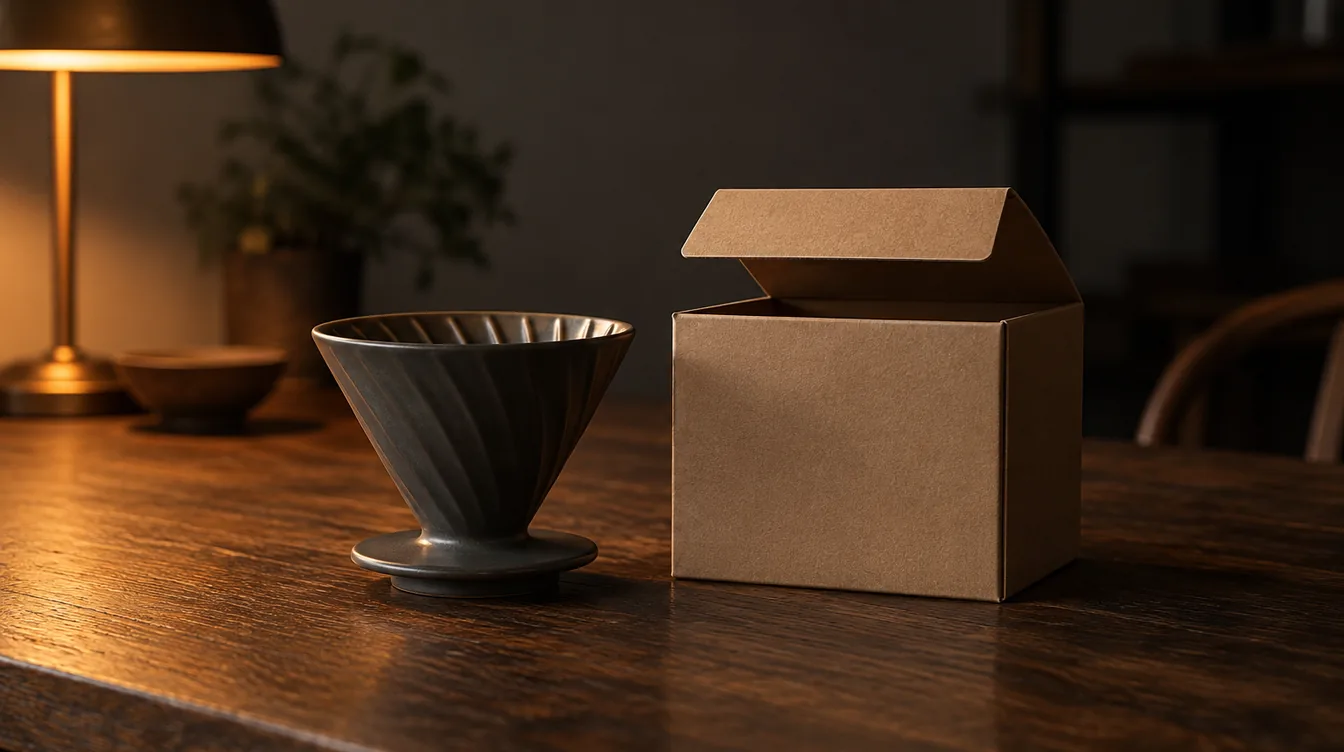 Een ongemerkte keramische koffiefilterhouder naast een blanco kartonnen doos op een donkere houten tafel, warm verlicht door een lamp.