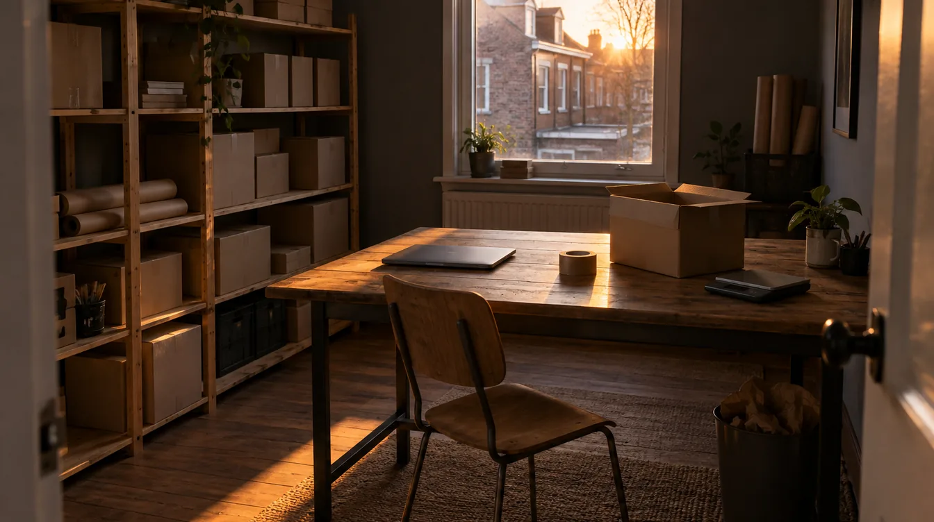 Kleine kamer in een Nederlands huis ingericht als inpakruimte, met schappen vol kartonnen dozen en een tafel met laptop, weegschaal en tape in avondzon.