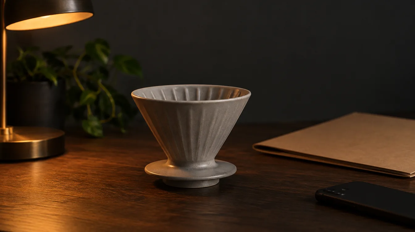 Ongemerkte grijze keramische koffiefilterhouder op een donker houten bureau naast een gesloten kraftmap en een telefoon, verlicht door een warme lamp
