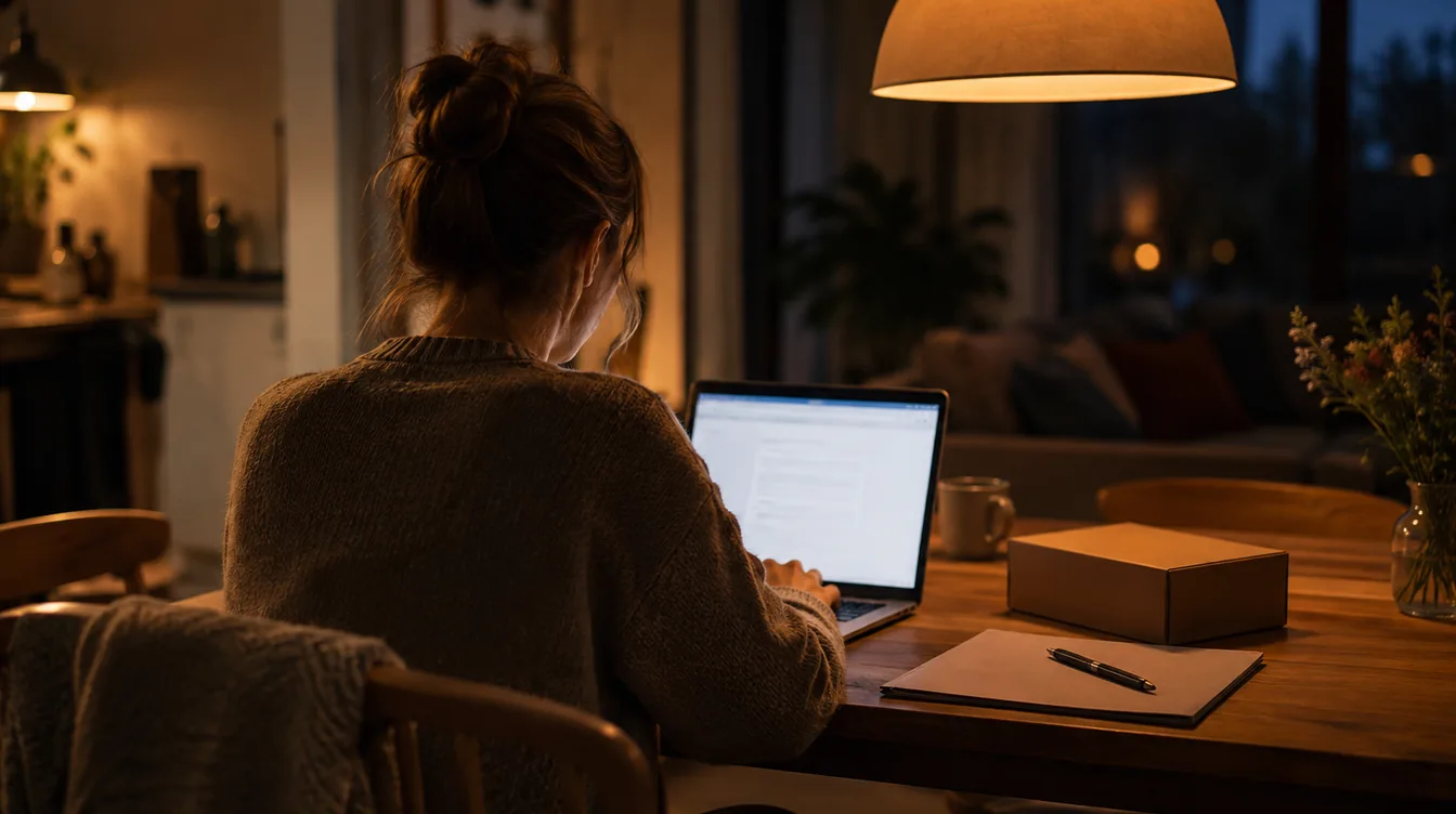 Iemand aan de keukentafel, van achteren gezien, werkt op een laptop naast een map en een productsample onder een warme lamp