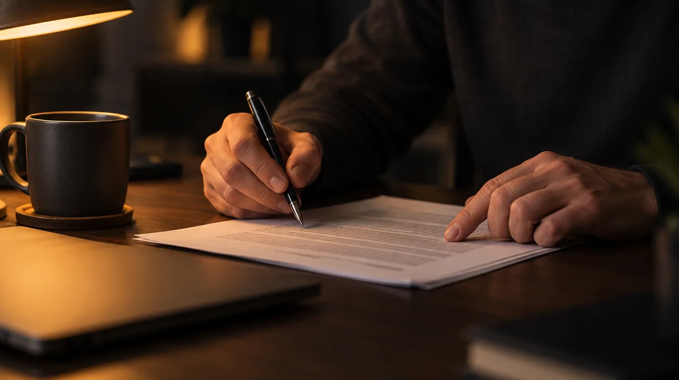 Twee handen met een pen boven een geprint contract op een donker bureau, verlicht door een warme oranje bureaulamp