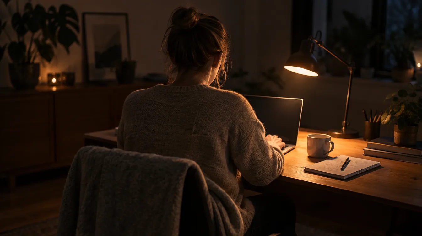Ondernemer achter een laptop aan een houten bureau in de avond, van achteren gezien, verlicht door een warme bureaulamp