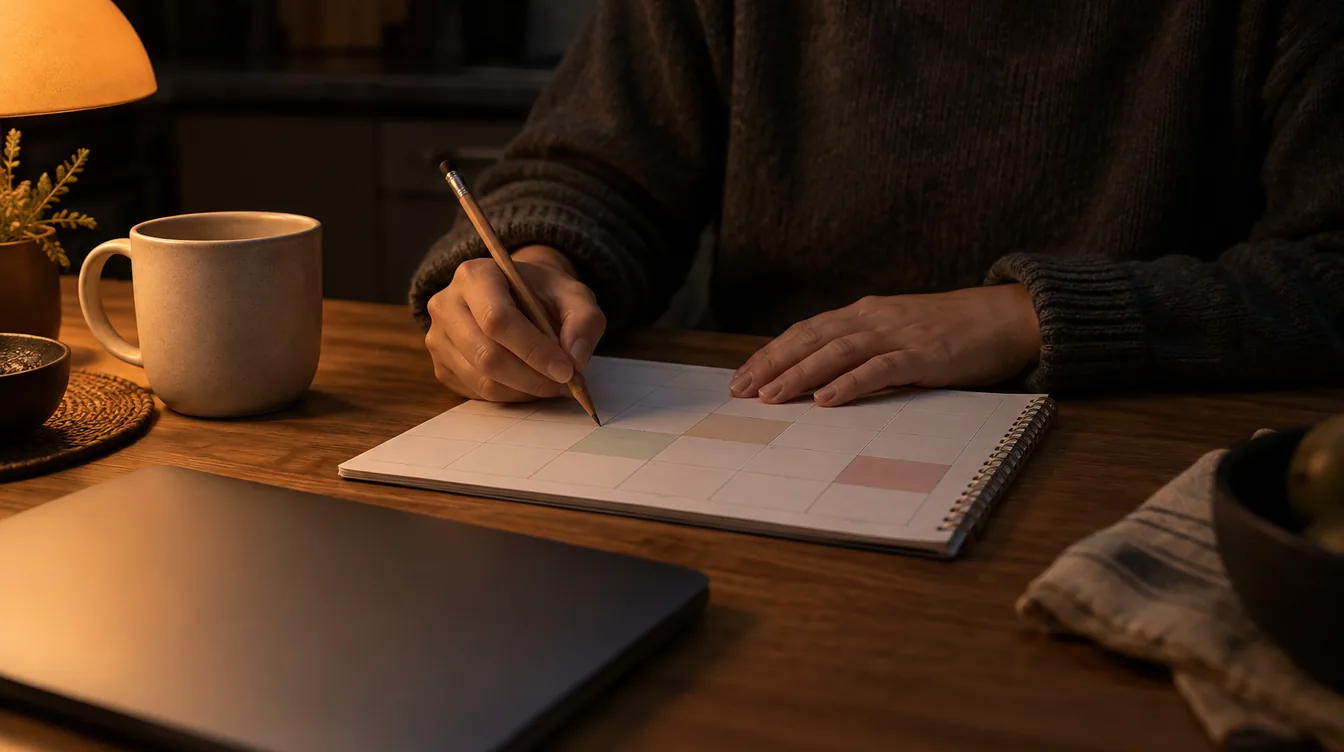Handen vullen 's avonds bij een oranje lamp een lege weekplanner in, naast een ongemerkte mok als productsample en een dichte laptop.
