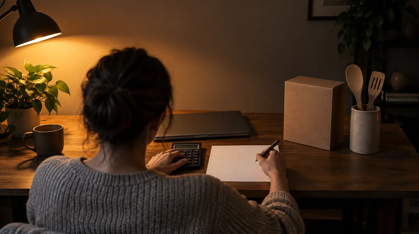 Ondernemer aan een bureau, van achteren gezien, met pen, rekenmachine en een doos onder een warme bureaulamp