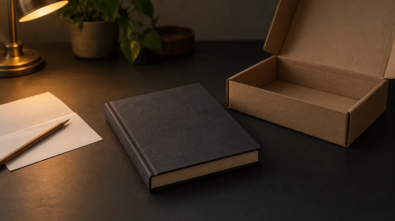 Een effen gebonden boek naast een lege kartonnen verzenddoos en een potlood op een donker bureau, verlicht door een warme lamp.